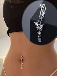 1pc No Hole Fake Butterfly Navel Ring Copper Belly Button Piercing With Cubic Zirconia Pendant - Silver - View 1