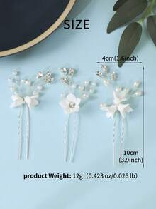 3件套优雅仿珍珠水钻白色花朵U型发夹，新娘婚礼伴娘发饰，仙女甜美发髻发夹 - 彩色 - 查看 4