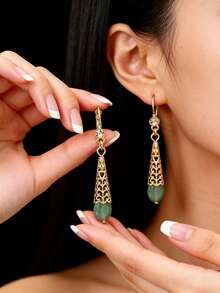 一对复古宫廷风镂空花卉雕刻镀金锌合金及天然石水滴形吊坠耳环，适合婚礼/派对及日常佩戴 - 彩色 - 查看 9