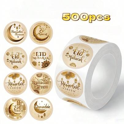 Pegatinas circulares Eid Mubarak, etiquetas de regalo con patrón de luna y estrella dorada de linterna, scrapbooks, diarios, manualidades DIY, botellas de agua, portátiles y otras pegatinas decorativas, materiales de papel duradero, decoraciones de Eid, suministros para fiestas de Ramadán Mubarak, celebraciones de Eid Al Fitr y Eid Al Adha, 1 pulgada, 8 diseños, 500 hojas por rollo