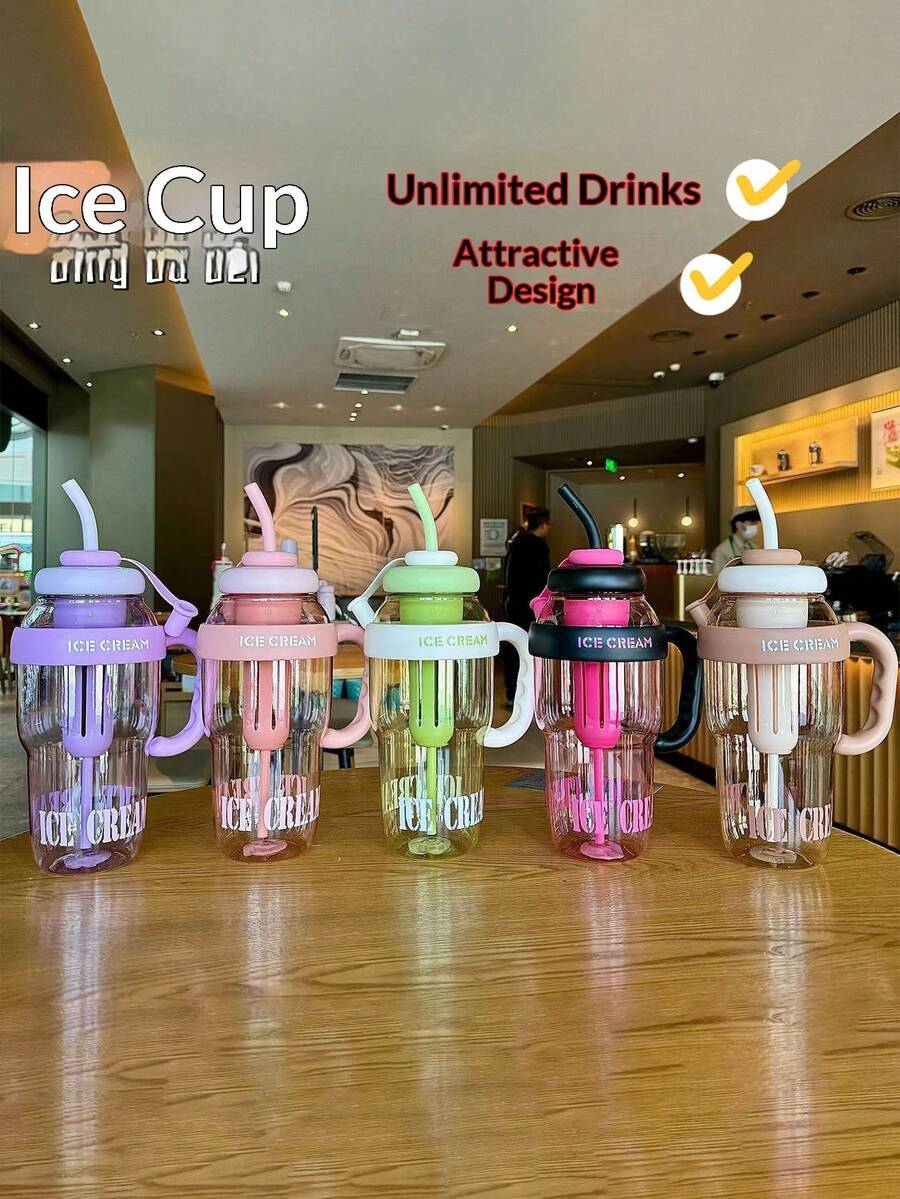 1 chiếc cốc có ống hút lớn thời trang, cốc nhựa bụng to, cốc dung tích lớn có tay cầm, bình nước lớn - Nhiều màu - Xem 1