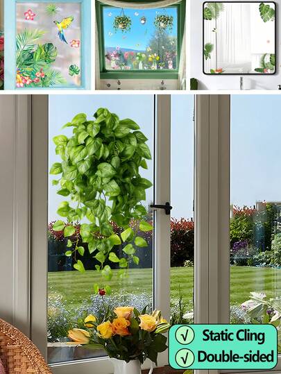 BRUP 1 件装悬挂式绿萝常春藤藤蔓窗贴，可重复使用静电吸附 PVC 贴纸，绿色花环，适用于家庭、办公室、儿童房窗户装饰