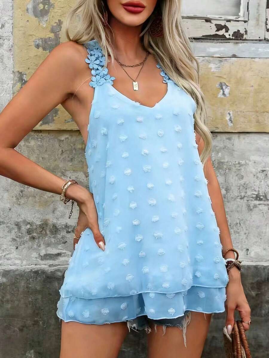Damen Chiffon Cami Top mit Blumen-Applikation, V-Ausschnitt, normale Länge, lässig Sommer - hellblau - Übersicht 1