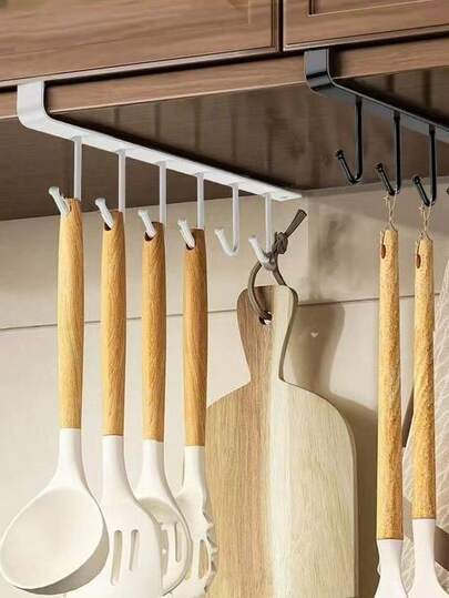Ganchos para tazas debajo del gabinete sin taladro, estantería para tazas de café de fácil instalación con 6 ganchos, organizador de utensilios de cocina con revestimiento negro para cucharas, cucharones, etc., solución de almacenamiento que ahorra espacio, ganchos colgantes multifuncionales