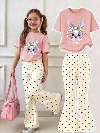 Cute Bow Tie Rabbit Bubble Print Set For Girls, Loose T-Shirt + Polka Dot Flare Pants, Suitable For Daily Wear, School, And Weekend Outings