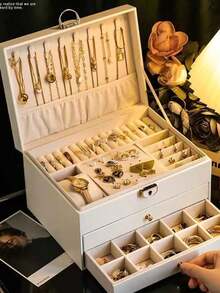 高端精致首饰盒，大容量多层抽屉式项链耳环金饰收纳盒，卧室浴室家具必备 - 彩色 - 查看 4