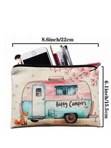 1 pieza Bolsa de maquillaje con estampado floral de caravana vintage - Estuche de cosméticos de viaje de acuarela "Happy Campers" organizador portátil de lona con cremallera para mujeres, niñas y amantes del camping - Multicolor - Ver 8