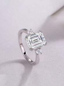 1 chiếc nhẫn bạc 925 cao cấp, đính đá Moissanite hình chữ nhật 7x9mm và 2 viên đá tròn 3.0mm, tổng cộng 3.2 carat, thích hợp cho nữ đeo hàng ngày, dự tiệc, lễ hội, Ngày Valentine, Ngày của Mẹ, kỷ niệm ngày cưới, làm quà tặng trang sức. - Bạc - Xem 2