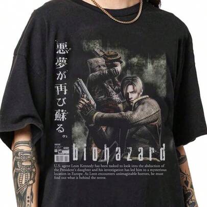 Printed Men's Short Sleeve Comfortable T-Shirt Vintage 90s Bootleg Style Biohazard  T-Shirt, Leon Kennedy T-Shirt, Retro  Gifts For Man And Women Unisex T-Shirt Cotton Graphic Tees, Round Neck T-Shirt For Summer Casual Daily Wear