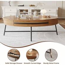 Mesa de café oval con cajón, mesa central de madera moderna de mediados del siglo de 47, 2" con almacenamiento, diseño curvado y patas de metal cruzado para la sala de estar - Marrón - Ver 4