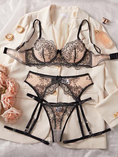 5pcs Sexy Lingerie Set For Women, New Arrival Black Mesh Embroidered Floral Lace Push-Up Bra Underwear Set, Intimate Apparel For Valentine's Day, Bedroom, Nightclub