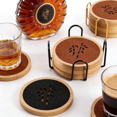 吸水竹制杯垫套装，带金属支架，2/4/6个装耐热饮料杯垫，防滑木质吧台杯垫，适用于咖啡、威士忌、鸡尾酒，现代农舍风格装饰，婚礼和乔迁礼物（黑色/现代棕色/灰色）
