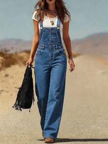 Women's Western Vintage Washed Loose Adjustable Shoulder Strap Denim Overall Workwear Pants, Washed Denim Fabric, College Style, Fashionable And Elegant Outfit, Suitable For Back-To-School, Teachers, Outings, And Travel Wear - 棕色 - 查看 1