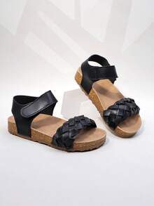 2025 Summer Fashion Girls' Roman Braided Sandals, Strap Design, Breathable, Foot Protection, Anti-Slip Lightweight Cork Sole (Sole Color Random) - Black - View 6