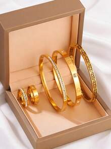 5件套优雅简约不锈钢手链+戒指，防褪色可水洗男女通用时尚配饰 - 金色 - 查看 1