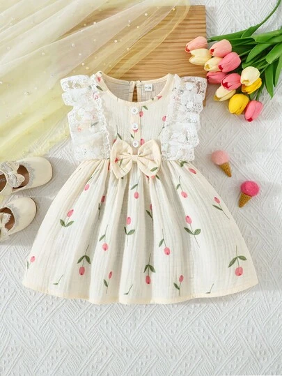 Baby Girls' Tulip Print Dress | Lace Flare Sleeves + 3D Bow, Soft Breathable Cotton Voile Fabric, Gentle & Adorable Style, Perfect For Daily Wear, Picnic, And Photo Shoots