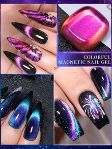Set de 6+1 Esmalte de Uñas de Gel con Efecto Magnético de Ojo de Gato, Incluye Esmalte de Gel Magnético, Base Negra, Efecto Holográfico de Fuegos Artificiales de Brillo, Adecuado para Manicura de Gel Removible con UV/LED - Multicolor - Ver 9