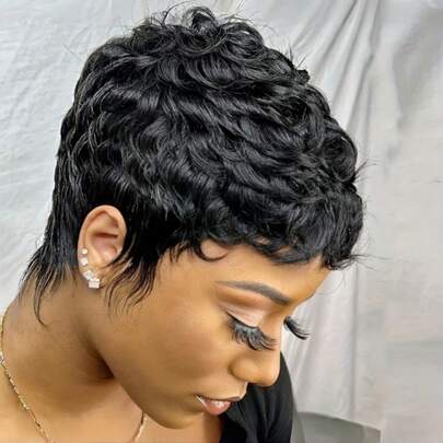 Pixie Cut Wig For Women Human Hair 1B Black Color Short Wigs For Black Women Brazilian Virgin Real Human Hair Glueless Wig Party Wig Color Wig None Lace Front Full Machine Made Halloween Cosplay Layered Haircut Wig Pixie Wigs For Women