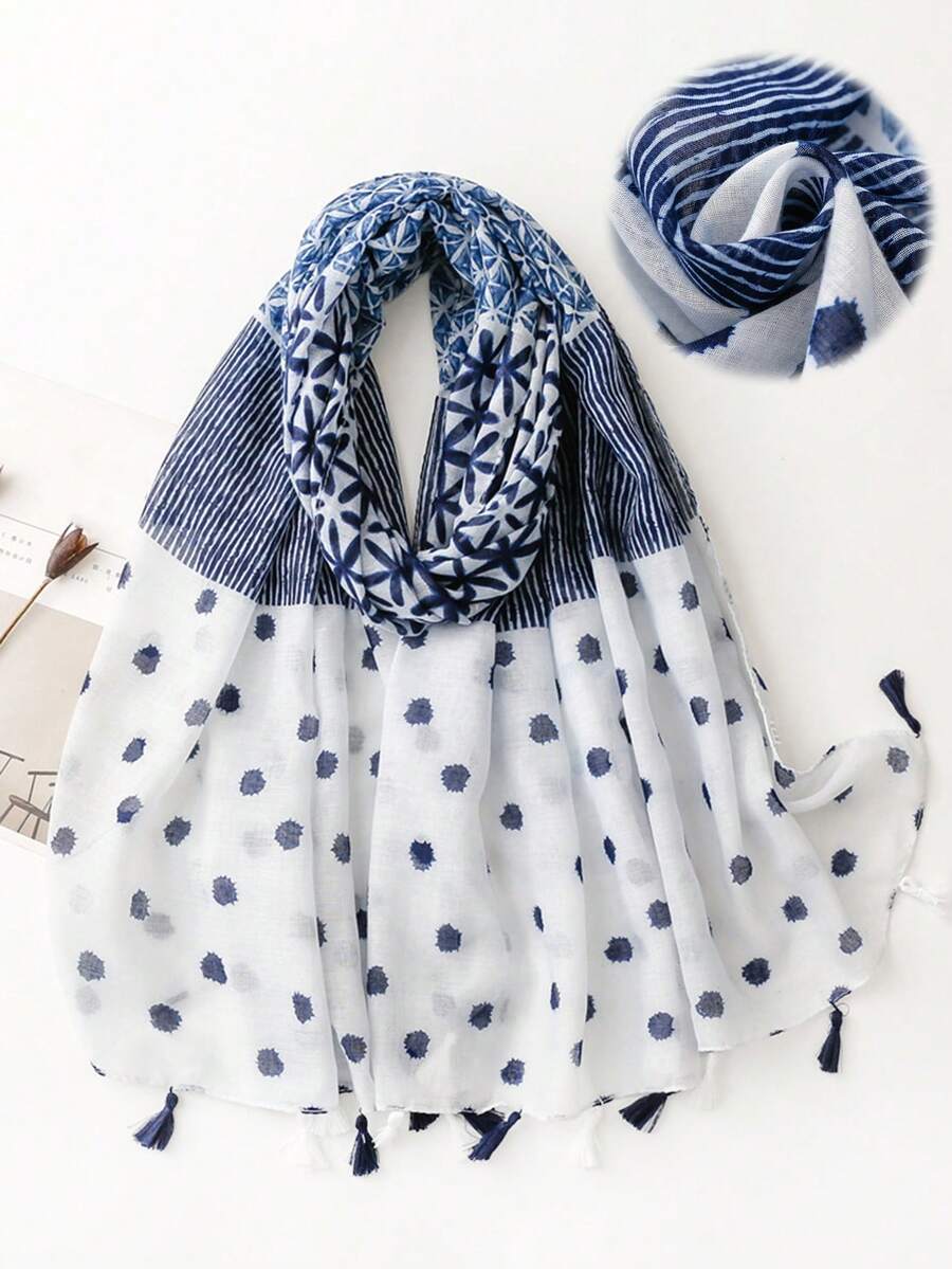 1pc Women's Fashion Polka Dot & Line Pattern Light Blue Minimalist Lightweight Tassel Scarf/Headscarf, Suitable For Dates, Daily Wear, Parties, Travel, Beach - Multicolor - View 1