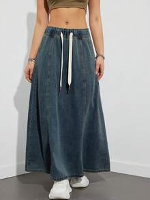 Women's Casual Paperbag Elastic High Waist A Line Long Maxi Flare Denim Skirt - Màu xanh hải quân - Xem 3