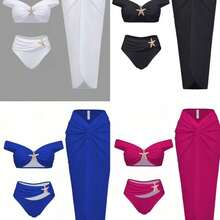 2026 New European And American Starfish Print Two-Piece Swimsuit With Long Skirt Three-Piece Bikini Set - Xanh đậm - Xem 2
