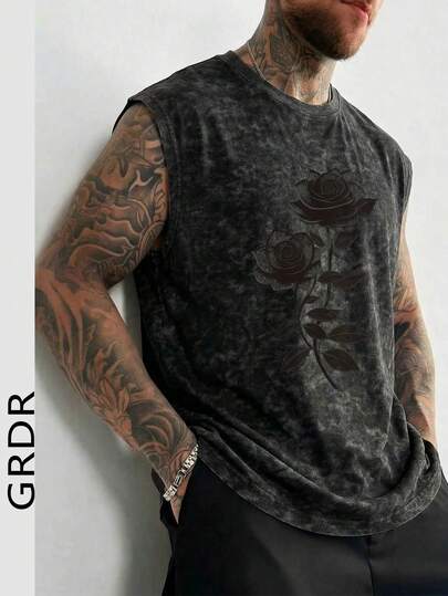 GRDR 1pc Men's Summer Washed Vintage Print Sleeveless Round Neck Tank Top, Suitable For Sports, Fitness And Daily Wear