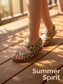 Girls' 3-12 Years Essential Leopard Print Sandals, Canvas Sole + Classic Leopard Pattern, Double Strap Open Toe Design, Adjustable Heel, Soft Cork Midsole + Non-Slip Rubber Sole, Retro Casual Style, Versatile For Daily Wear, Spring/Summer - Maroon - View 9