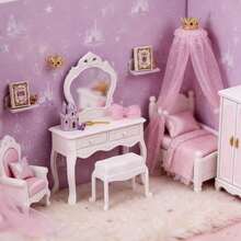 Dollhouse Vanity Set: Mini Furniture Bedroom Scene Accessories, Vanity, Nightstand, Dressing Table - Multicolor - View 3