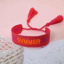 1pc Vintage Embroidered "SUMMER" Handmade Braided Boho Style Bracelet, Suitable For Family, Friends, Students, Travel, Party Wear - Hot Pink - View 3