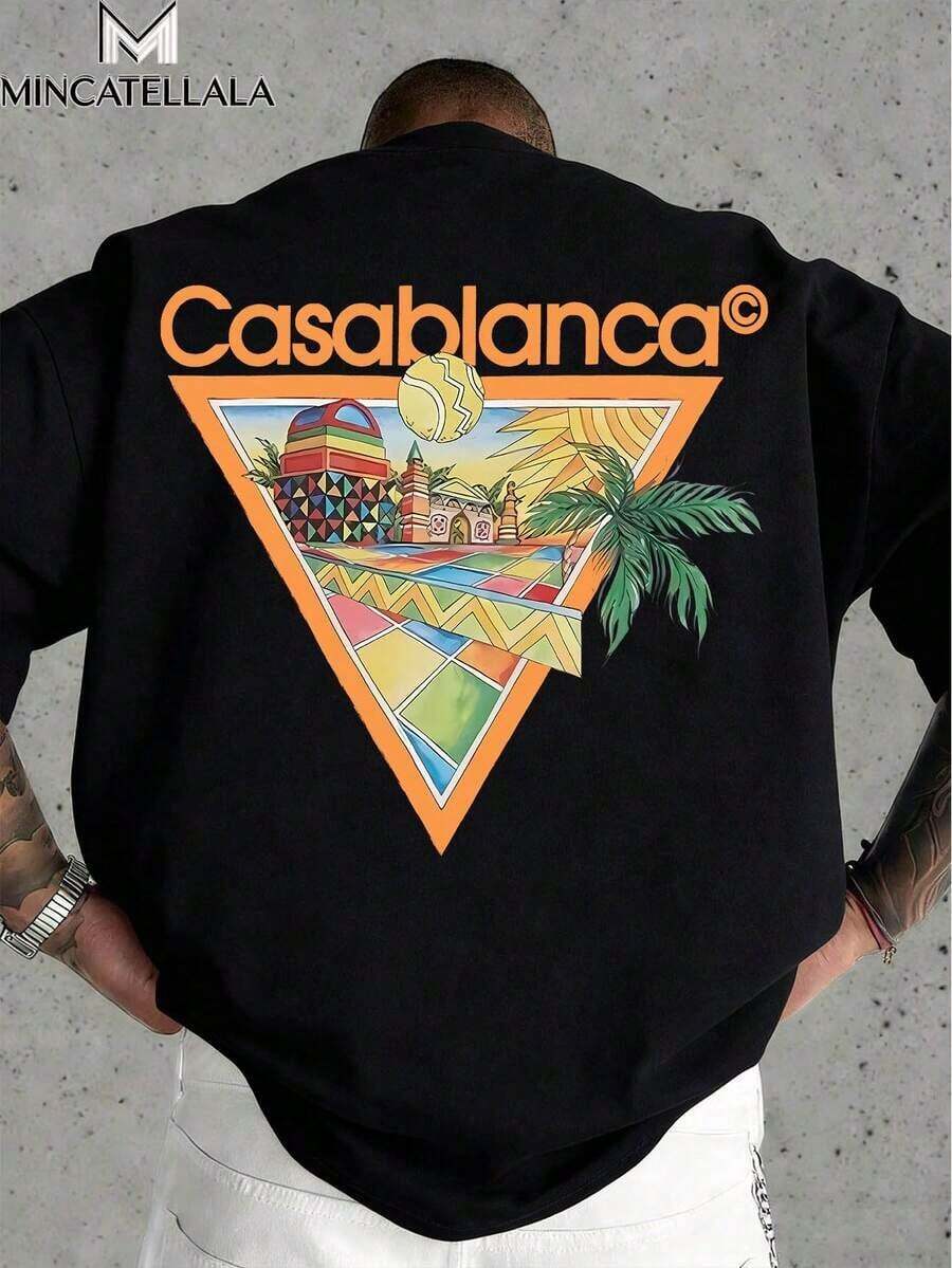 Camiseta de hombre con diseño de triángulo naranja de Tennis Club, ropa de invierno para hombre, cuello redondo, estilo casual, adecuada para salidas o vacaciones de fin de semana, unisex. - Negro - Ver 1