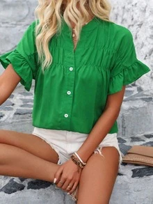 2026 European And American Women's Casual Short-Sleeve Ruched Shirt With Buttons, Solid Color Cotton-Linen Stand-Up Collar Blouse For Women - 銀灰色 - 查看 10