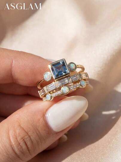 一套优雅创意戒指，925纯银三件套订婚结婚戒指套装，精致珠宝礼品，适合女性，适合生日、舞会、派对等场合。