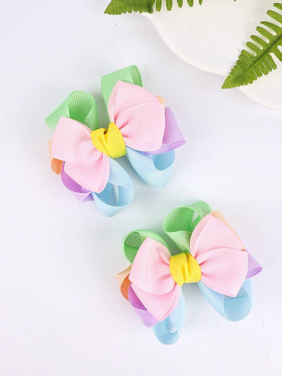 2pcs/Set Candy Color Hair Clips, Bowknot, Satin Ribbon, Alligator Clips Hair Accessories, Suitable For Girls & Teenagers Daily Use - Multicolor - View 1