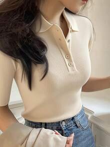 Áo polo nữ tay ngắn dệt kim gân, dáng regular fit, chất liệu co giãn cao. - Màu be - Xem 4