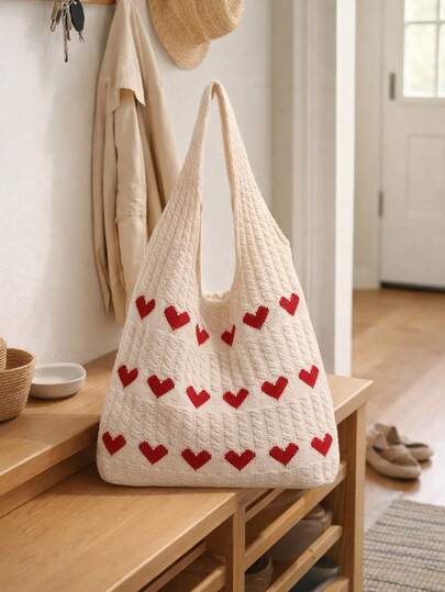 1-Piece Beige Heart Pattern Knit Tote Bag | Open-Top Large Capacity Lightweight Storage | Sweet Girl Style Shoulder Handbag | Spring Summer Versatile Bag For Women, Perfect For School, Daily Commute, Dating & Valentine's Day Gifting