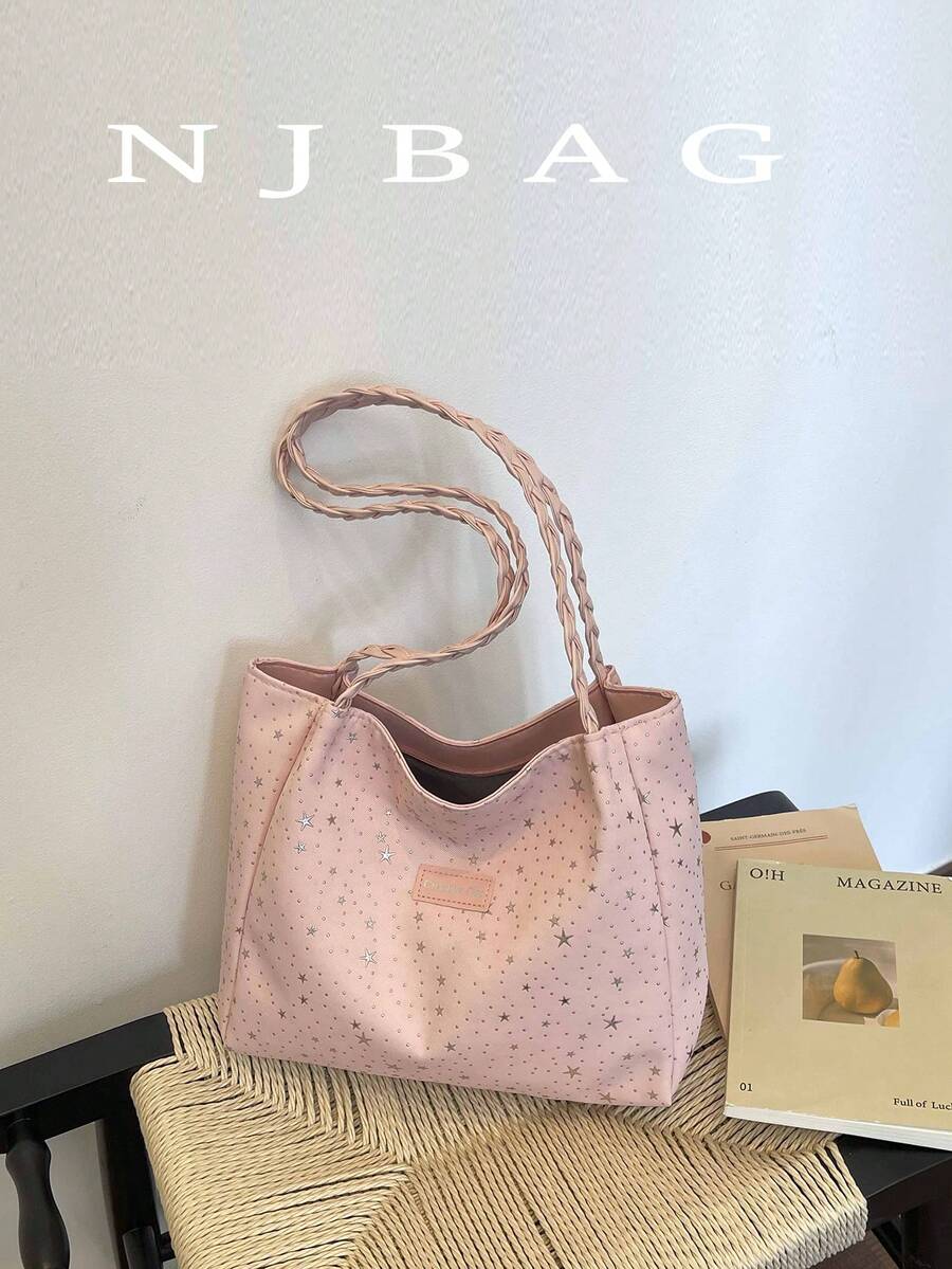Bolso de hombro tipo tote estilo universitario minimalista con patrón de estrellas para todas las estaciones, para compras y vuelta al cole, asa tejida, posición aleatoria (color/patrón de pañuelo aleatorio)