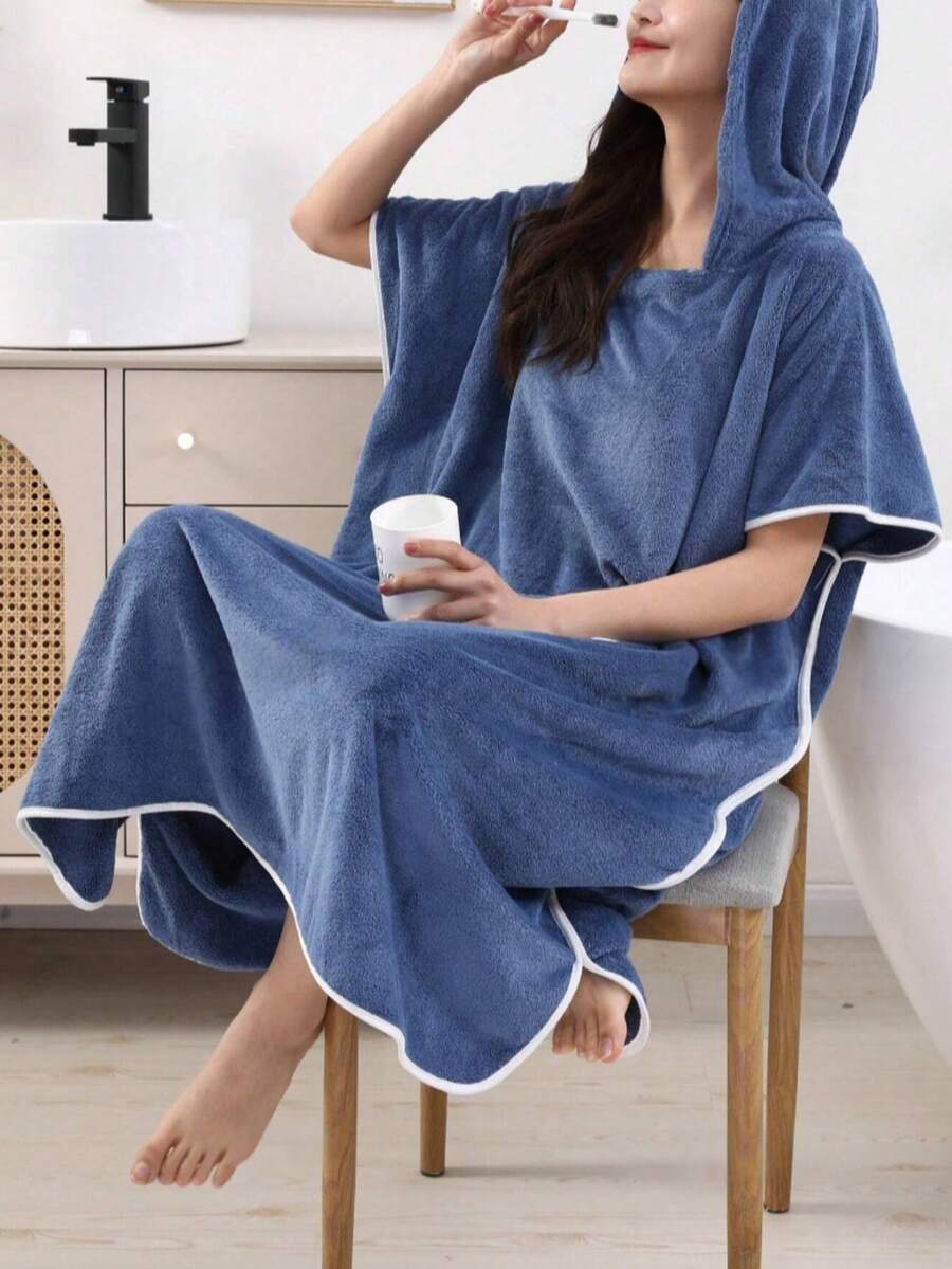 1pc Women's Sleeveless Quick-Dry Bath Dress/Robe, Wearable Beach Changing Poncho With Hood, Suitable For Beach, Surfing, Swimming, Wearable Bath Robe, Women's Beach Changing Poncho With Hood, Quick-Dry Swimming Robe, Sleeveless Bath Dress, Travel Essential, Holiday Essential - Royal Blue - View 1