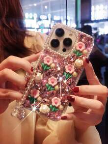 Rhinestone Flower Phone Case (With Chain) - Full Rhinestone + 3D Flower Pearl Design: Luxurious, Dazzling, Exquisite And Eye-Catching,International Version, Not The Domestic Version - Multicolor - View 5