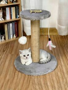 Vertical Cat Scratching Post, Made Of Durable Sisal Rope To Prevent Debris, Allows Cats To Entertain Themselves And Pass The Time. Small Cat Tree Suitable For Apartment, Comes With Pom Pom And Feather Toys, Great Gift For Kittens. - Brown - View 7