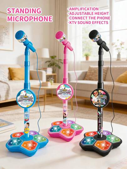 儿童卡拉OK机，唱歌玩具礼物，可充电儿童麦克风，适合4-6岁男孩女孩生日派对玩具。可调节支架，适合不同身高。星形底座带彩色LED灯。包含MP3连接线，可将其变成迷你家庭舞台。