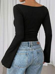 Ladies Solid Ribbed Knit Boat Neck Long Sleeve Top, Sexy Slim Fit Y2K Streetwear, Versatile Basic T-Shirt - Black - View 6