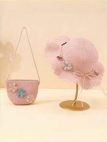 Summer Kids Straw Hat & Mini Crossbody Bag Set, Fashionable Matching Parent-Child Bucket Hat With Wide Brim For Sun Protection - 2pcs - View 11