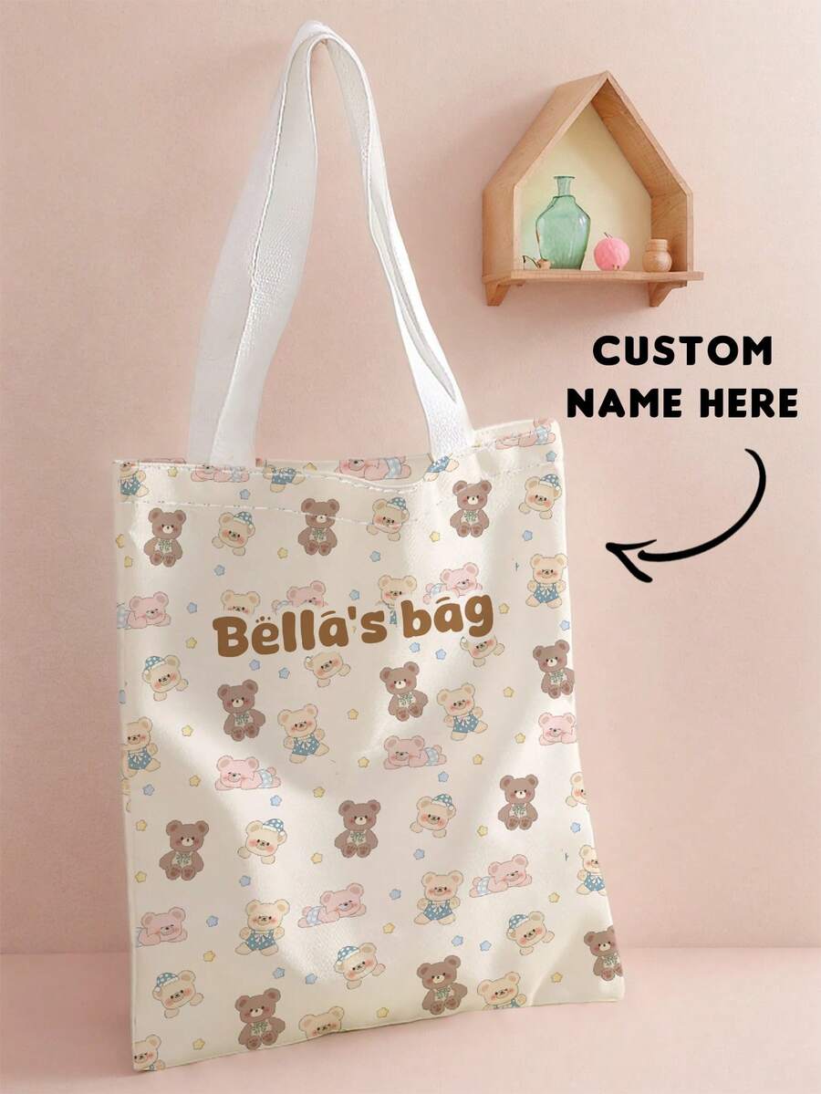 1 st anpassningsbar casual tote bag för barn med namn/text och tryckt tecknad bilmönster, axelväska, shoppingväska, återanvändbar mode-ryggsäck, multifunktionell axelväska och shoppingväska