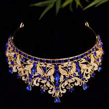 新款水晶水钻皇冠，时尚新娘头饰，百搭水钻半冠发饰，仙女风头饰 - 藍色 - 查看 3