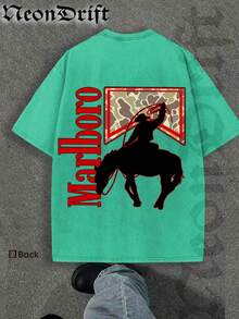 NeonDrift Double-Sided-Gifts For Christmas, New Year's Day, New Year 2026, Valentine's Day,Independence Day And Easter- Logo Print Crewneck T Shirt With Vintage Cowboy Silhouette Design For Men Streetwear Fashion Casual Wear  Graphic Tee Unisex Style - 薄荷綠 - 查看 3
