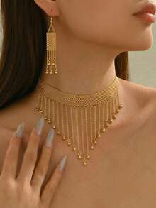 1 Set di gioielli alla moda con nappa e pendenti multipli, collana + orecchini a nappa, adatto per uso quotidiano, regali, casual e vacanze - Oro giallo - Visualizzare 1