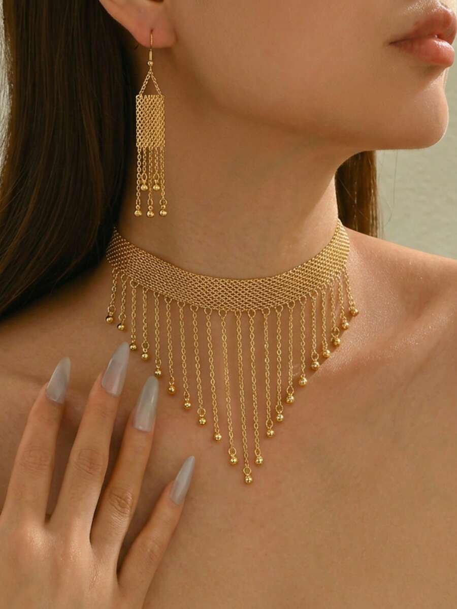 1 Set di gioielli alla moda con nappa e pendenti multipli, collana + orecchini a nappa, adatto per uso quotidiano, regali, casual e vacanze - Oro giallo - Visualizzare 1