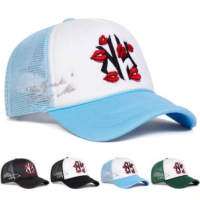 1顶男士纽约字母棒球帽，时尚唇印卡车帽，防晒休闲网眼帽，适合春季、秋季户外活动、旅行、海滩度假