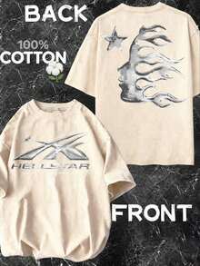 Men's And Women's Printed Pattern Washed T-Shirt - Casual Loose Summer T-Shirt With Star And Flame Design, Adult Brown 100% Pure Cotton Round Neck Shirt, Breathable T-Shirt |   Avant-Garde Casual Wear |   100% Pure Cotton Printed T-Shirt, Anti-Wrinkle Cotton T-Shirt - 杏色 - 查看 6