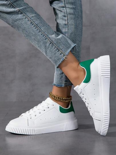 女士休闲低帮系带运动鞋，运动校园风，适合户外活动，白色